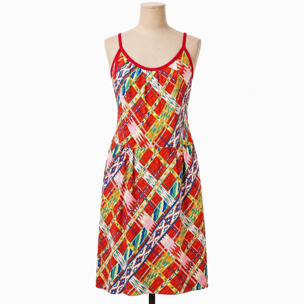 Vintage Handmade Geometric Sleeveless Sun Dress Sz M Red Retro Y2K‎ Indie Preppy
